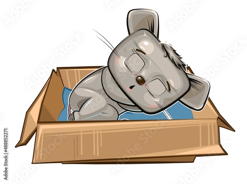 The Mouse sleeps in a cardboard box. A pet as a gift or a homeless person. Childrens illustration. The cute animal fell asleep. Picture in cartoon style. Isolated on white background. Vector