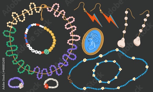 Big set of jewelry vector ornaments, bracelet, necklace, beautiful earrings and rings, women's jewelry illustration set isolated on background.