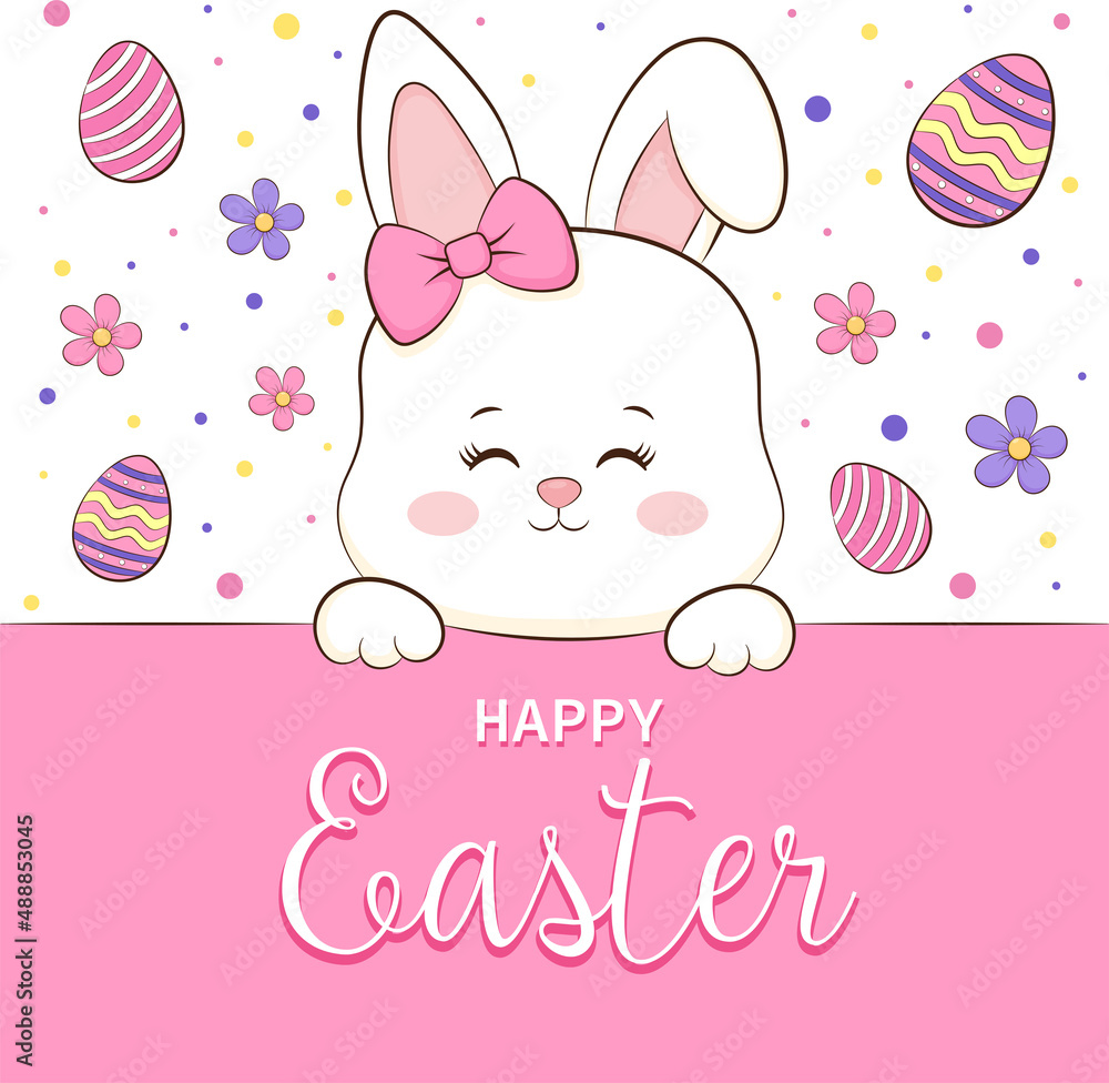 Greeting card Happy easter with cute bunny and easter eggs
