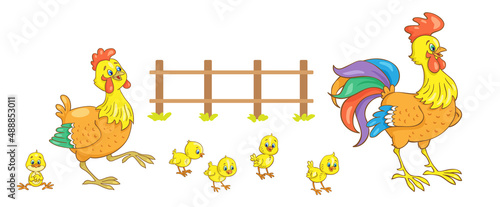 Chicken family. Cockerel  hen and five funny chickens. In cartoon style. Isolated on white background. Vector illustration.