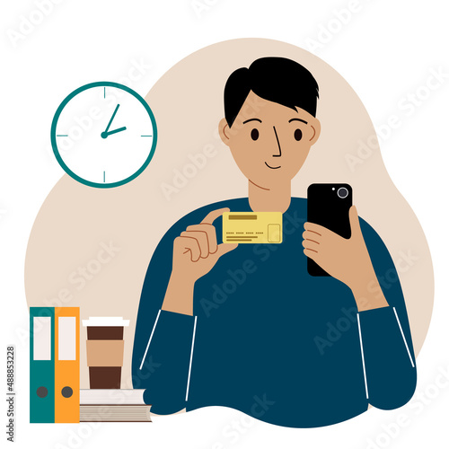 A man with a mobile phone in her hand holds a bank card. Concept credit, deposit, payment, debit online. Vector