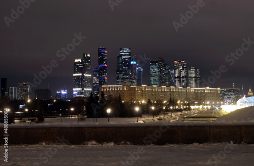Moscow City International Business Centre skyscraper buildings winter night view from Poklonnaya Hill