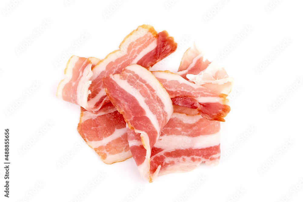 Bacon strips, raw smoked pork meat slices isolated on white Bacon strips, raw smoked pork meat slices isolated on white