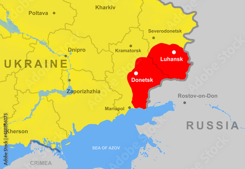 Ukraine with Donetsk and Luhansk (Donbass) on Europe map close-up photo