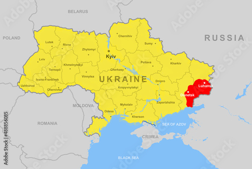 Ukraine on Europe map, Donetsk and Luhansk regions (Donbass). and Russia border photo