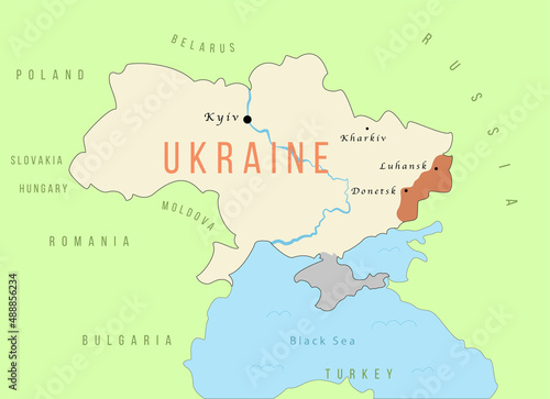 Colorful simple map of Ukraine with occupied Crimea and Eastern regions under the conflict