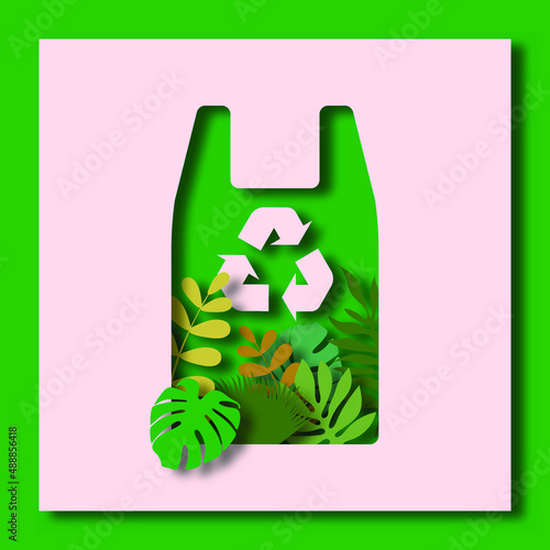 Recycling sign on a plastic bag from which green plants grow. Concept about keeping the planet clean without plastic in paper cut style. vector