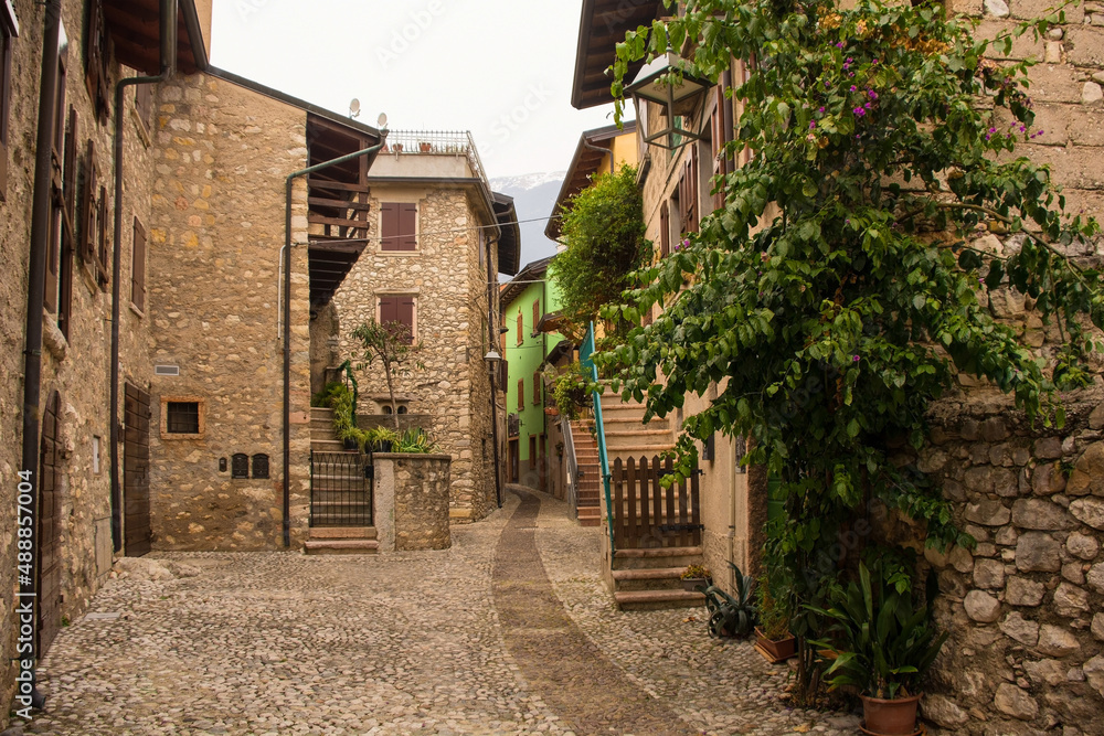 The historic castle quarter, Via Posterna, in winter in the small town of Malcesine on the north shore of lake Garda, Verona Province, Veneto, north east, Italy
