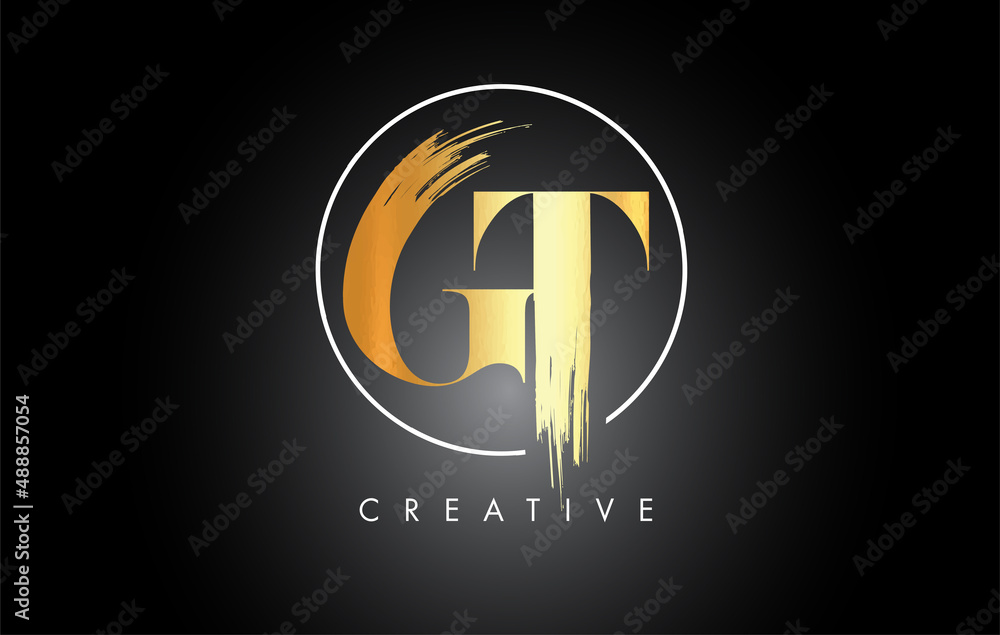 Fototapeta premium Golden GT Brush Stroke Letter Logo Design. Black Paint Logo Leters Icon.
