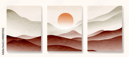 Art background with mountains and hills in the colors of the earth. Landscape poster set in brown and yellow colors for interior design, wallpaper