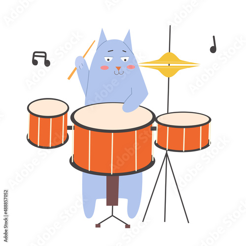 Vector blue cat plays the drums. cute pet playing a musical instrument in flat style. cartoon illustration on a white background.