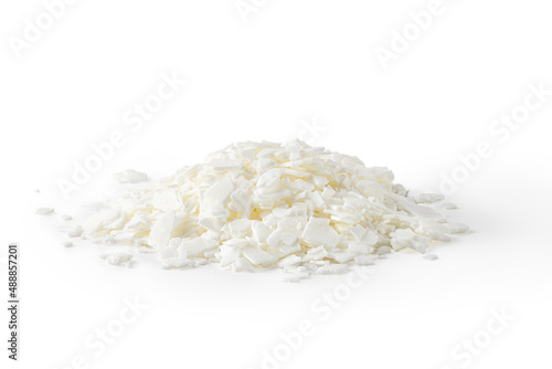Organic white soy wax flakes for candles. Natural soy and coconut wax for candlemaker. Isolated