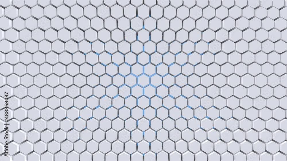 Abstract hexagonal geometric surface loop, light bright clean minimal hexagon grid, random wavy motion background canvas in pure architectural white wall color. Abstract hexagonal geometric surface loop, light bright clean minimal hexagon grid, random wavy motion background canvas in pure architectural white wall color.