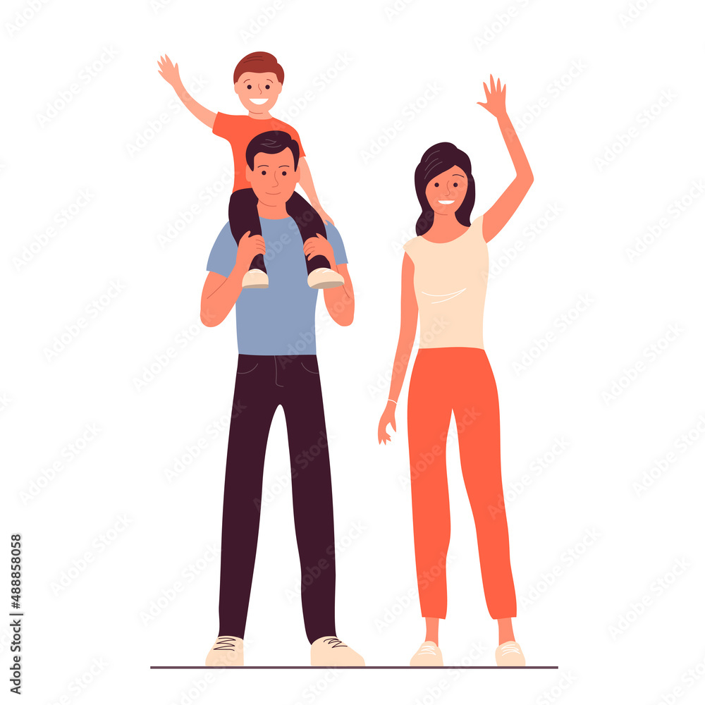 Fototapeta premium Happy family couple with a child. Father, mother and little son. Welcome gesture. Flat vector illustration isolated on white background