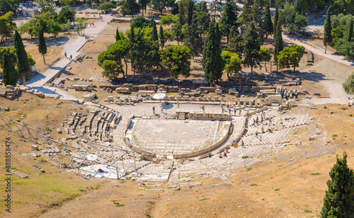 Top view of ruins of ancient Greek theater of Dionysus, Athens, Greece