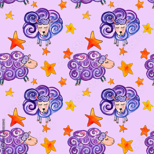 Watercolor illustration seamless pattern of purple and blue sheeps on purple background with stars textiles for children