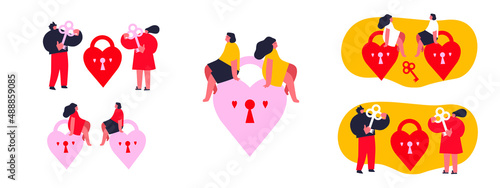 Couple in love characters. Vector illustration with young man and woman holding huge lock. Romance character, message, communication. Valentine's day. Funny colored typography poster. Isolated. EPS