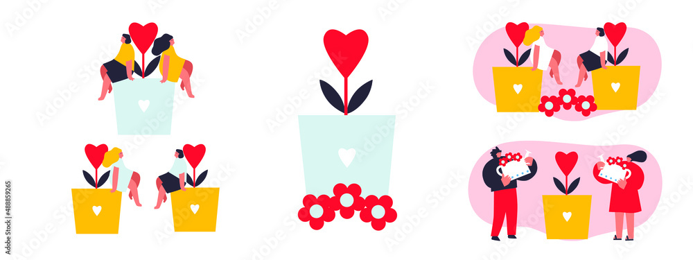 Couple in love characters. Loving people, happy man and woman with heart, watering can for flowers. Romance character. Celebrating valentine's day.Vector illustration. Set of happy cartoon