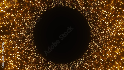 3D illustration of yellow particles floating in an empty space.