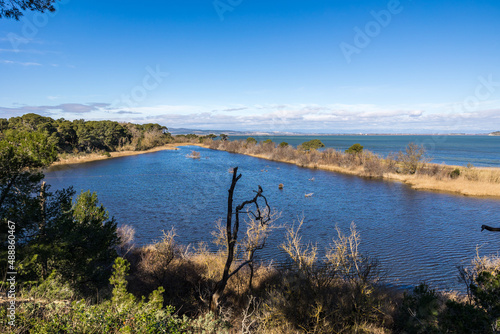 Vue sur l’Etang de l’Ayrolle depuis la Réserve naturelle régionale de Sainte-Lucie à Port-la-Nouvelle (Occitanie, France)