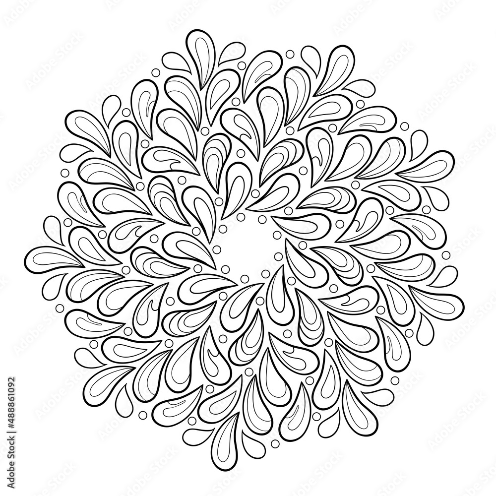 Decorative doodle mandala with floral patterns and big drops on a white isolated background. For coloring book pages. Decorative doodle mandala with floral patterns and big drops on a white isolated background. For coloring book pages.
