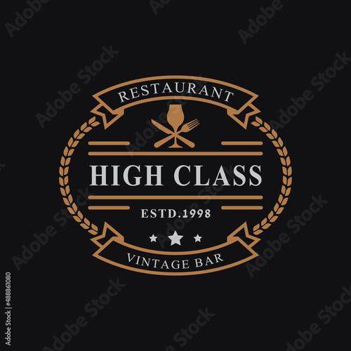Vintage Retro Badge for Luxury Wine Glass with Spoon Fork Knife for Restaurant Bar Bistro Logo Design Template Element