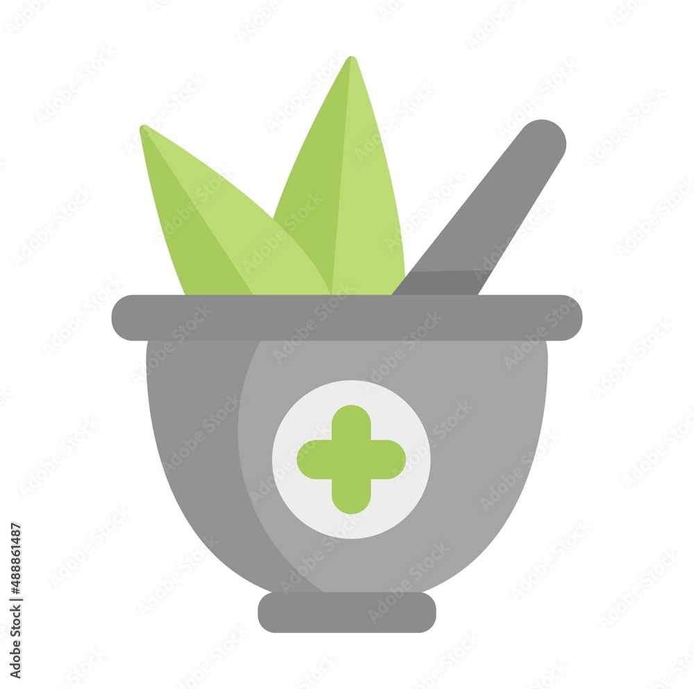 Flat Icon of Mortar and Pestle with green leaves on the white background. Natural healthy Organic food drugs. Vector Illustration. Alternative medicine concept. Flat Icon of Mortar and Pestle with green leaves on the white background. Natural healthy Organic food drugs. Vector Illustration. Alternative medicine concept.