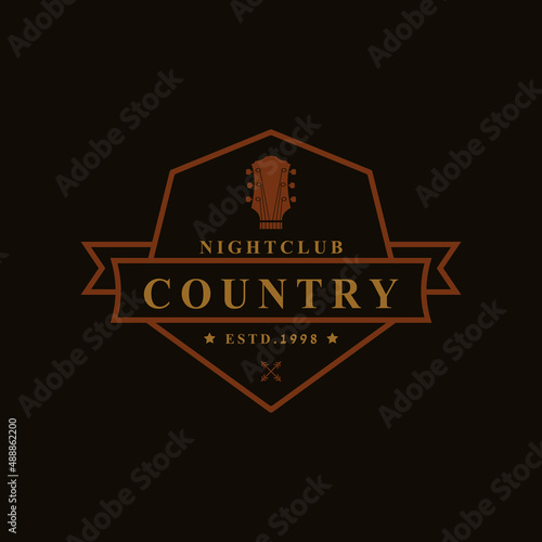 Vintage Retro Badge for Country Guitar Music Western Saloon Bar Cowboy Logo Emblem Symbol