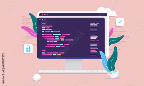 Computer screen with code - Abstract decorative vector illustration of programming.