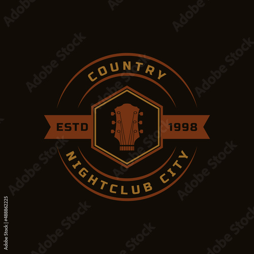 Vintage Retro Badge for Country Guitar Music Western Saloon Bar Cowboy Logo Emblem Symbol