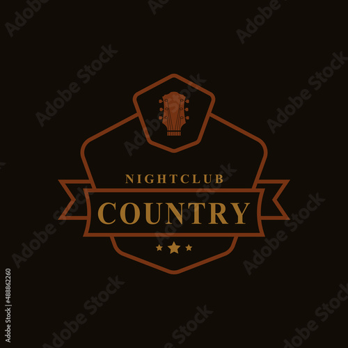 Vintage Retro Badge for Country Guitar Music Western Saloon Bar Cowboy Logo Emblem Symbol