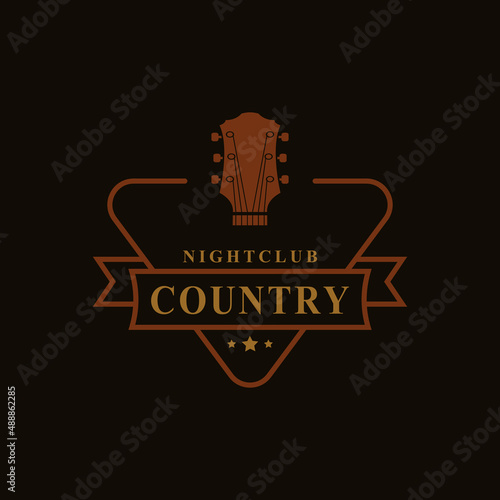 Vintage Retro Badge for Country Guitar Music Western Saloon Bar Cowboy Logo Emblem Symbol