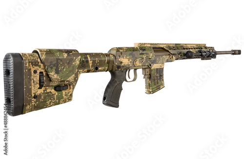 semi-automatic sniper rifle in camouflage, close-up on a white background. isolate.