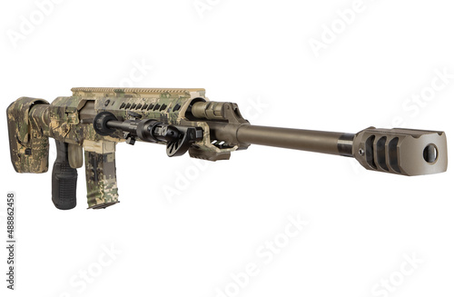 modern powerful sniper rifle, close-up on a white background. carbine in camouflage coloring. photo