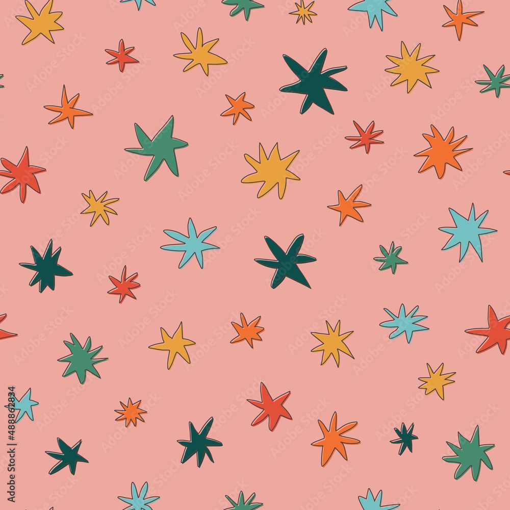 Cute stars seamless pattern in 1970s retro style. Vector illustration for wallpaper, wrapping paper, fabric print Cute stars seamless pattern in 1970s retro style. Vector illustration for wallpaper, wrapping paper, fabric print