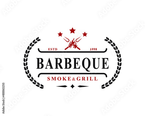 Vintage Retro Badge for Grill Barbeque Barbecue BBQ with Crossed Fork and Fire Flame Logo Emblem Design Symbol