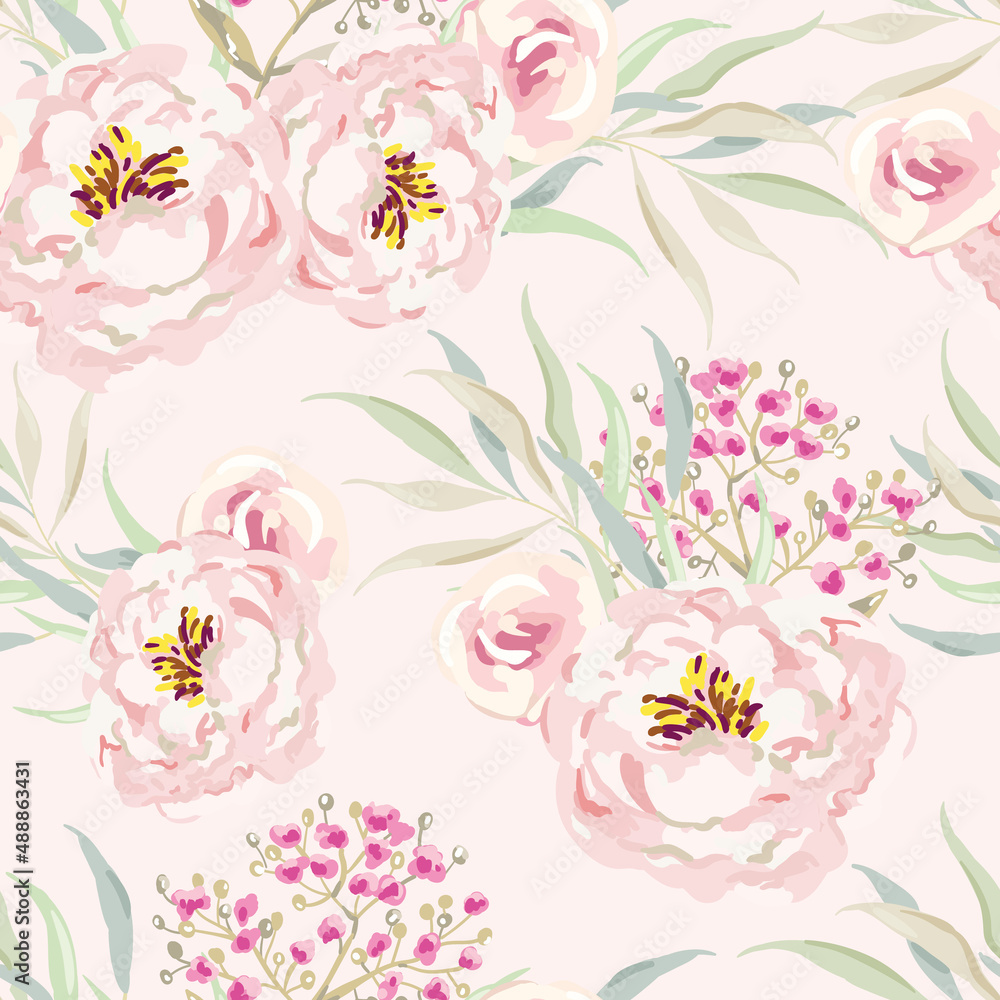 Pink peony flowers with leaves bouquets, light background. Floral illustration. Vector seamless pattern. Botanical design. Nature spring plants. Romantic wedding
