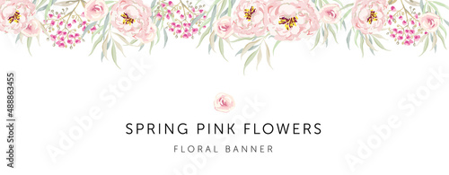 Spring border of pink peony flowers, delicate green leaves, white background. Wedding invitation banner frame. Vector illustration. Floral arrangement. Design template greeting card