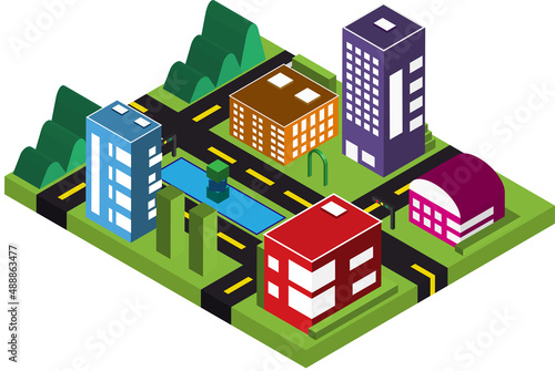 Isometric cityscape view with buildings and empty road