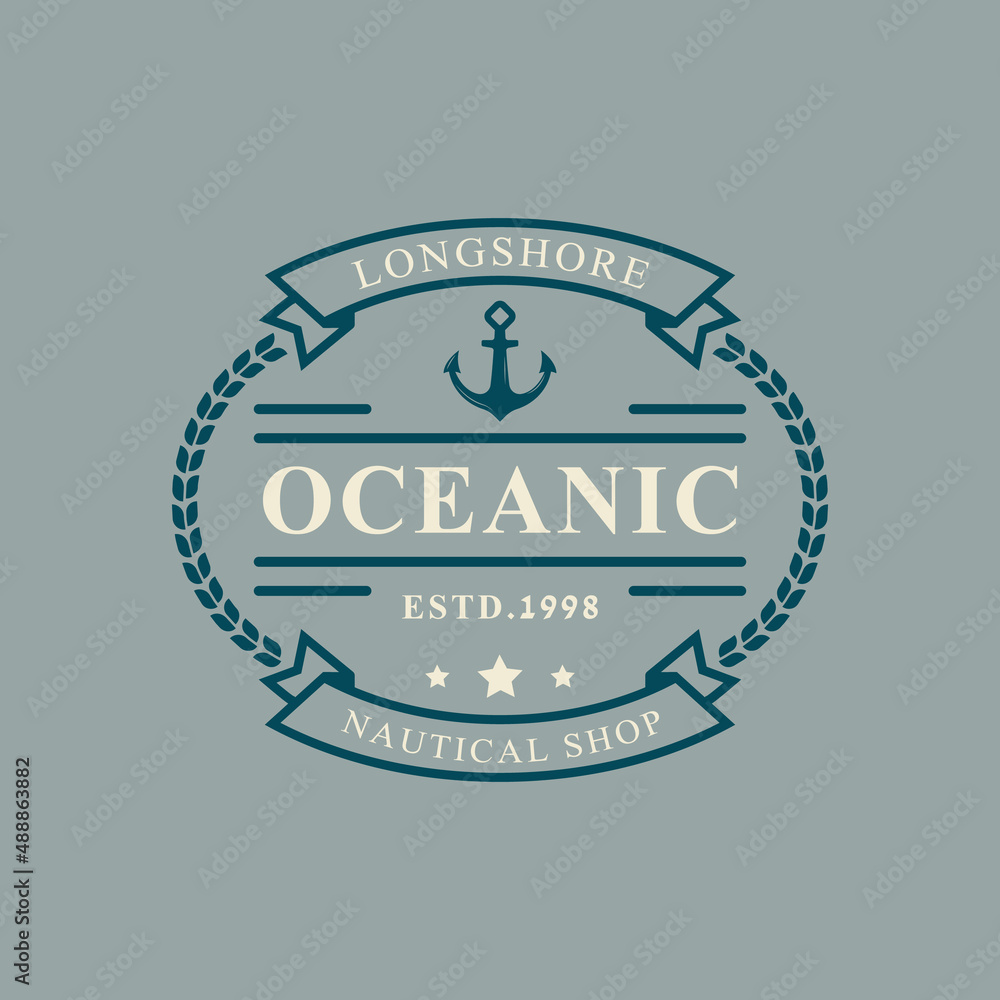 Fototapeta premium Vintage Retro Badge Nautical and Ocean Logo with Ship Anchor Symbol for Marine Emblem Design Template