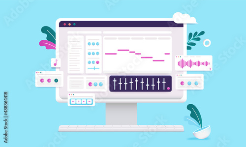 Electronic music production software on desktop computer screen. Vector illustration