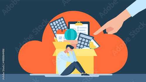 Firing from a job. Job cuts. Dismissal employee. Vector business illustration. Fired sad male office worker sitting on the floor and crying. Unemployment and Jobless concept. Flat style design
