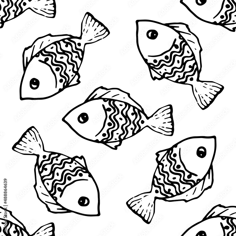 Vector seamless pattern of cute doodle fish with a rounded black outline pattern on a white background for a design template. simple children's drawing of a sea fish swimming in different directions