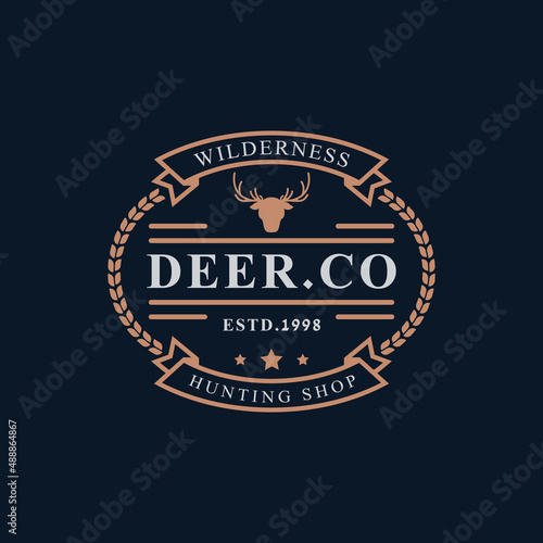 Vintage Retro Badge for Deer Reindeer Antler Hunting Logo Emblem Design Symbol