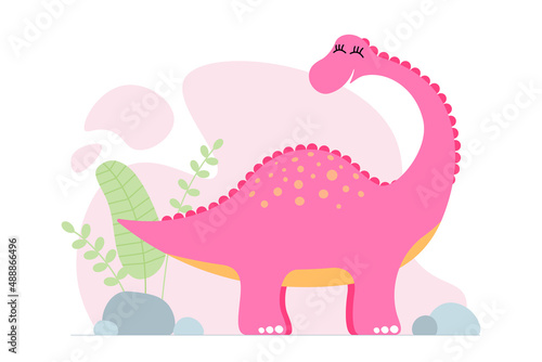 Cute pink dino brontosaurus. Kind smiling baby dinosaur brachiosaurus. Cartoon baby graphic design print banner. Creative girlish original design. Hand drawing diplodocus vector eps illustration