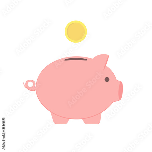 Pink piggy bank with a coin. Vector graphic image.