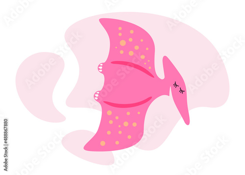 Cute pink dino. Kind smiling baby dinosaur pterodactyl. Cartoon baby graphic design print banner. Creative girlish pterosaur original design. Hand drawing vector eps illustration