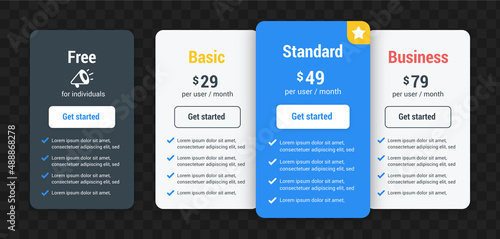 Modern pricing plans template elements vector. Isolated pricing or subscription plan for website or app. Pricing table compare web page : Free, Basic, Standard, Business. Editable vector illustration.
