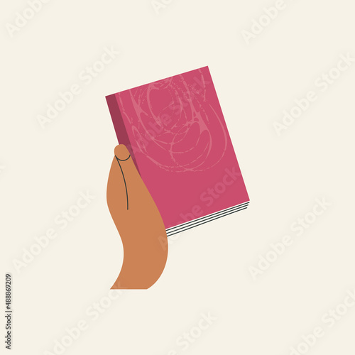 Woman's hand holding closed book flat cartoon vector illustration isolated on white background. Student arm. Education and knowledge concept. Swap literature event, library day, culture festival