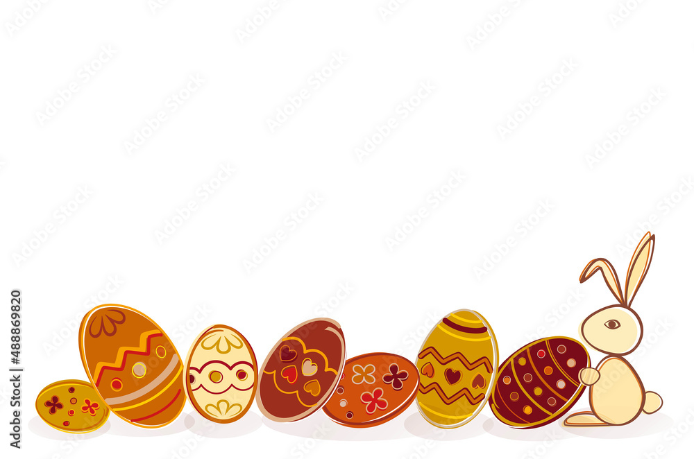 Easter eggs in a row, decorated in brown, orange, red, yellow and golden tones, white rabbit, white background for design